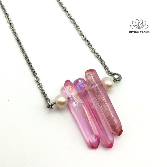 Angel Aura Pink Quartz x Pearls Necklace | Stainless Steel Chain - Picture 5 of 15